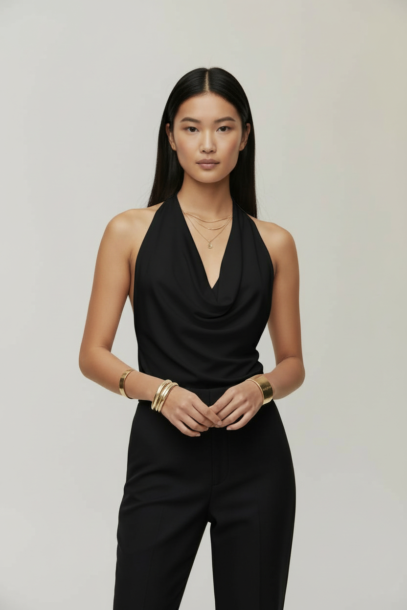 Drape Detaylı Degaje Yaka Sırtı Açık Boyundan Bağlamalı Siyah Bluz