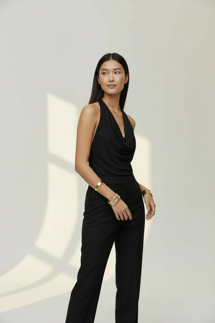 Drape Detaylı Degaje Yaka Sırtı Açık Boyundan Bağlamalı Siyah Bluz - Görsel 3