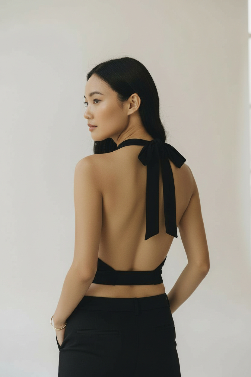 Drape Detaylı Degaje Yaka Sırtı Açık Boyundan Bağlamalı Siyah Bluz - Görsel 5