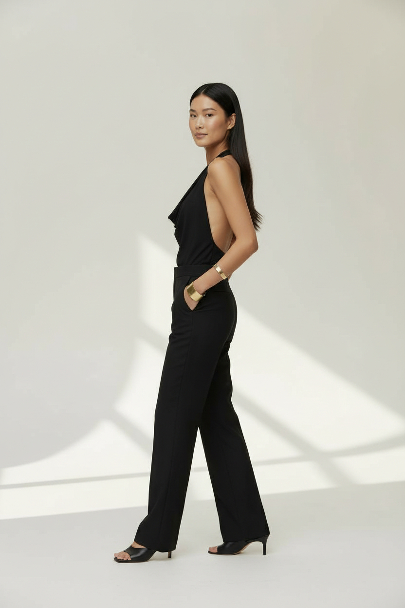 Drape Detaylı Degaje Yaka Sırtı Açık Boyundan Bağlamalı Siyah Bluz - Görsel 2