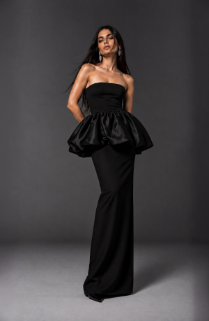 Vesper | Saten Straplez Balon Peplum Büstiyer ve Etek Takım
